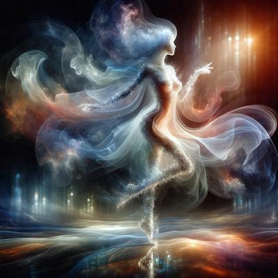 The primary subject of the image is a woman, who is the main focus of the scene. She is depicted as a silhouette, with her body and face obscured by a blurry background. The setting appears to be a dark room, with a few lights illuminating the space. The visual style of the image is a combination of digital art and illustration, creating a surreal and artistic atmosphere. The colors in the image are predominantly dark, with the woman's silhouette being the main source